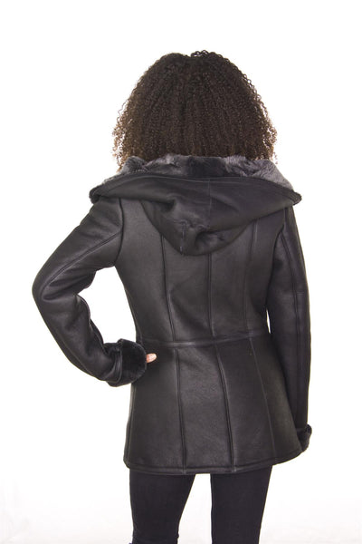 Womens Black Hooded Merino Sheepskin Jacket-Mandalay