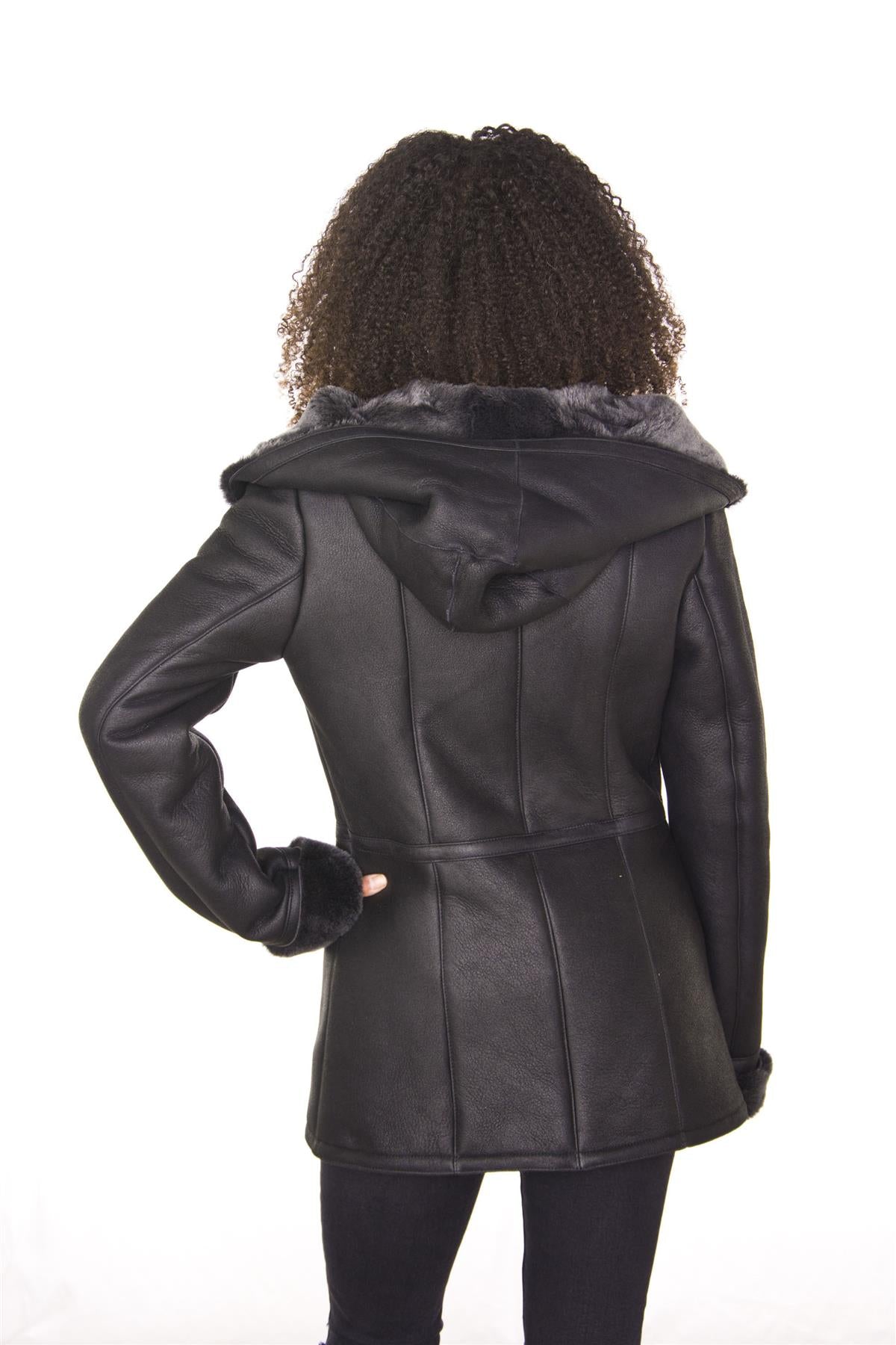 Womens Black Hooded Merino Sheepskin Jacket-Rothwell