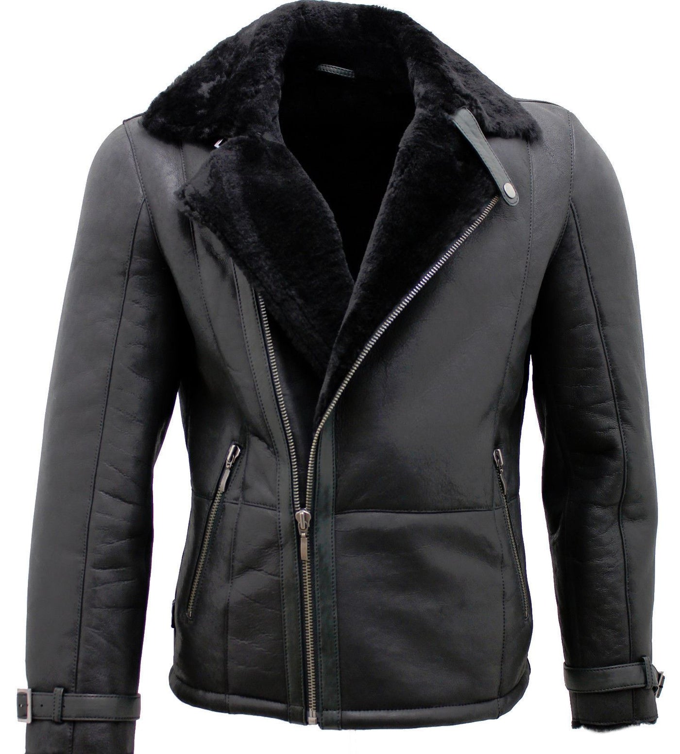 Mens Double Breasted Sheepskin Leather Biker Jacket-Manila
