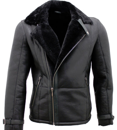 Mens Double Breasted Sheepskin Leather Biker Jacket-Manila
