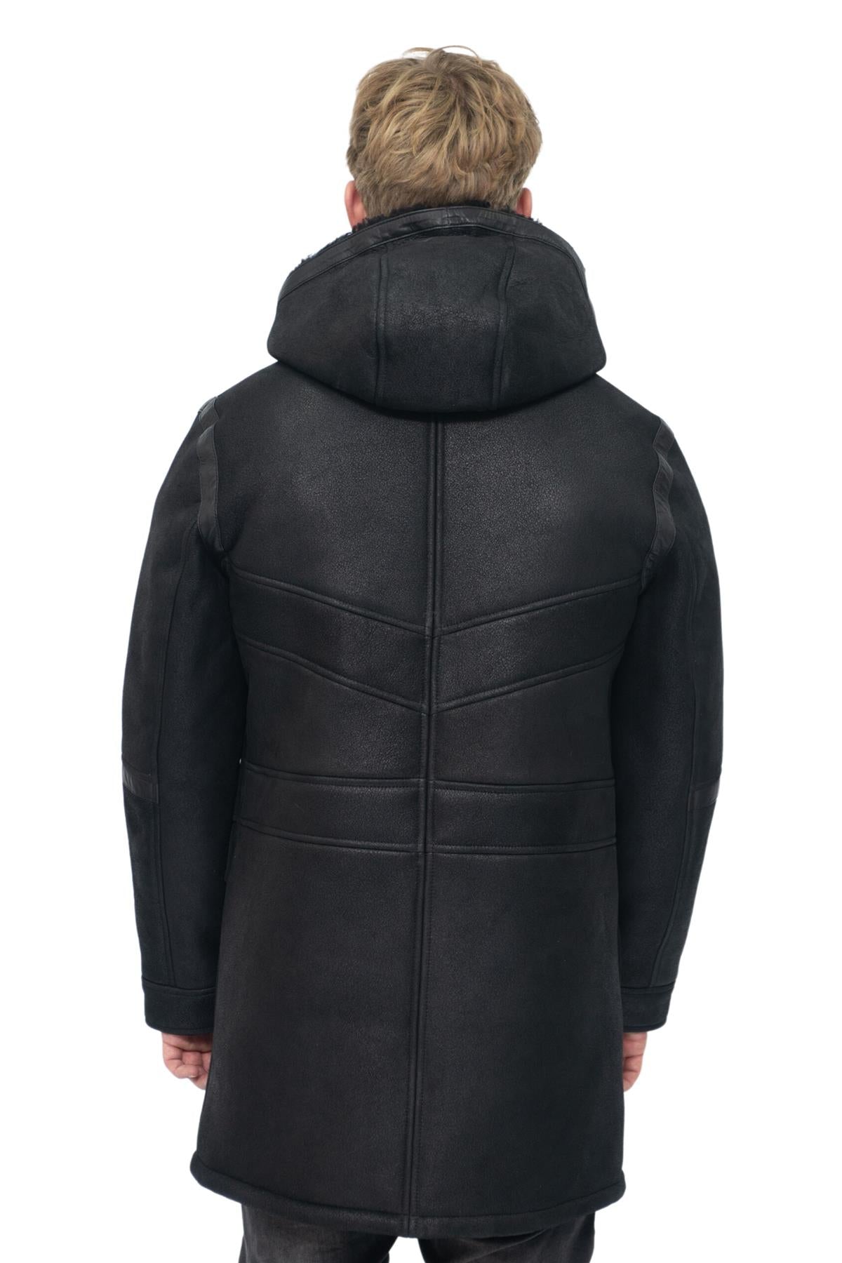 Mens Winter Sheepskin Leather Hooded Duffle Coat-Langport