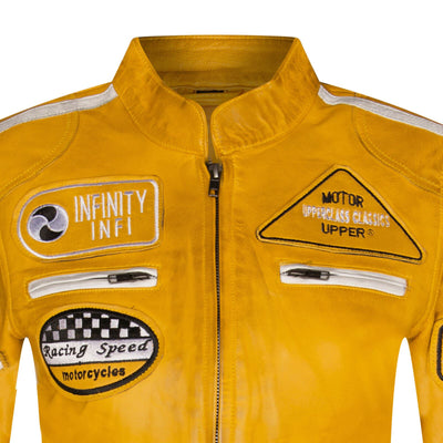 Womens Leather Biker Racing Badges Jacket-Agadir