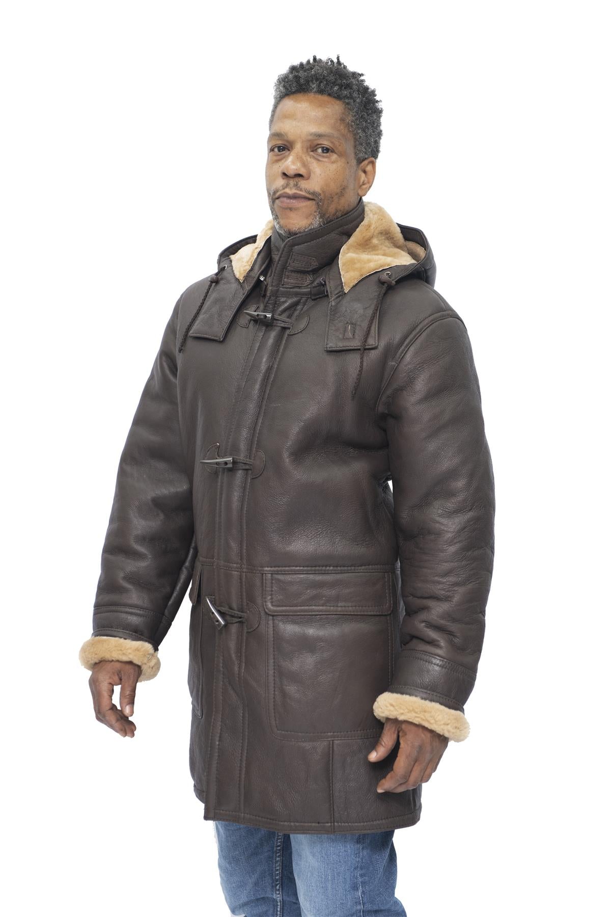 Mens Sheepskin Leather Hooded Duffle Coat-Hanko