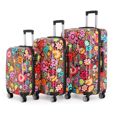 Hardside Shell Suitcase Set Flower Print Luggage Lightweight Cabin Travel Bag
