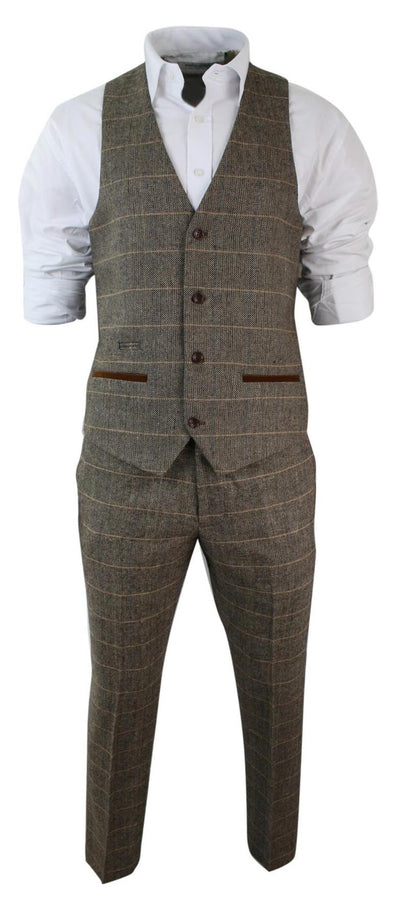 Mens 3 Piece Tan Tweed Check Suit