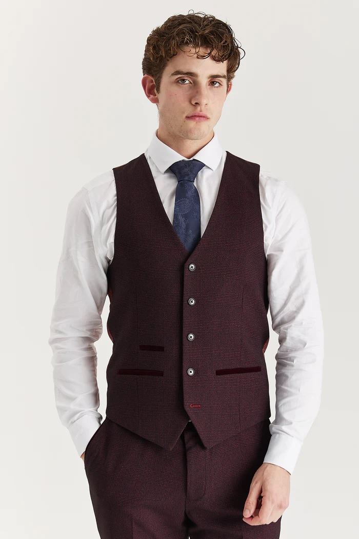 Men's Wine Suit Waistcoat Prince Of Wales Formal Waistcoat