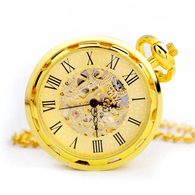 Mechanical Golden Skeleton Open-Face Chain Pocket Watch
