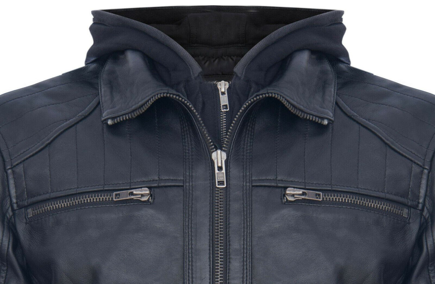 Mens Black Hooded Leather Biker Jacket-Salvador