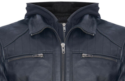 Mens Black Hooded Leather Biker Jacket-Salvador