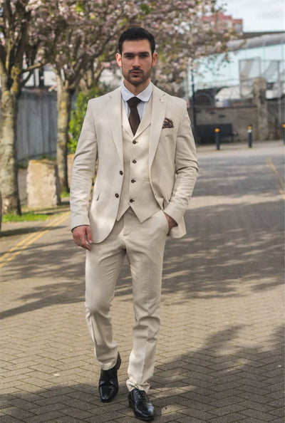 Men's Summer 2 Piece Suit Linen Formal Beige Waistcoat Trousers