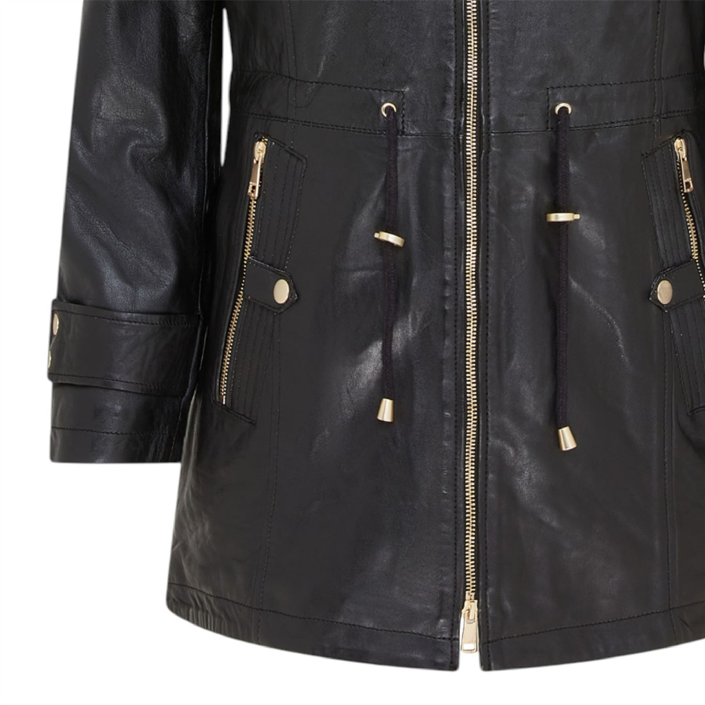 Women's Leather Parka Detachable Borg Hooded Trench Coat - Trekker