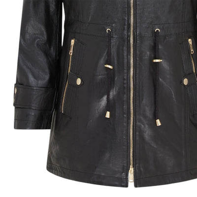 Women's Leather Parka Detachable Borg Hooded Trench Coat - Trekker