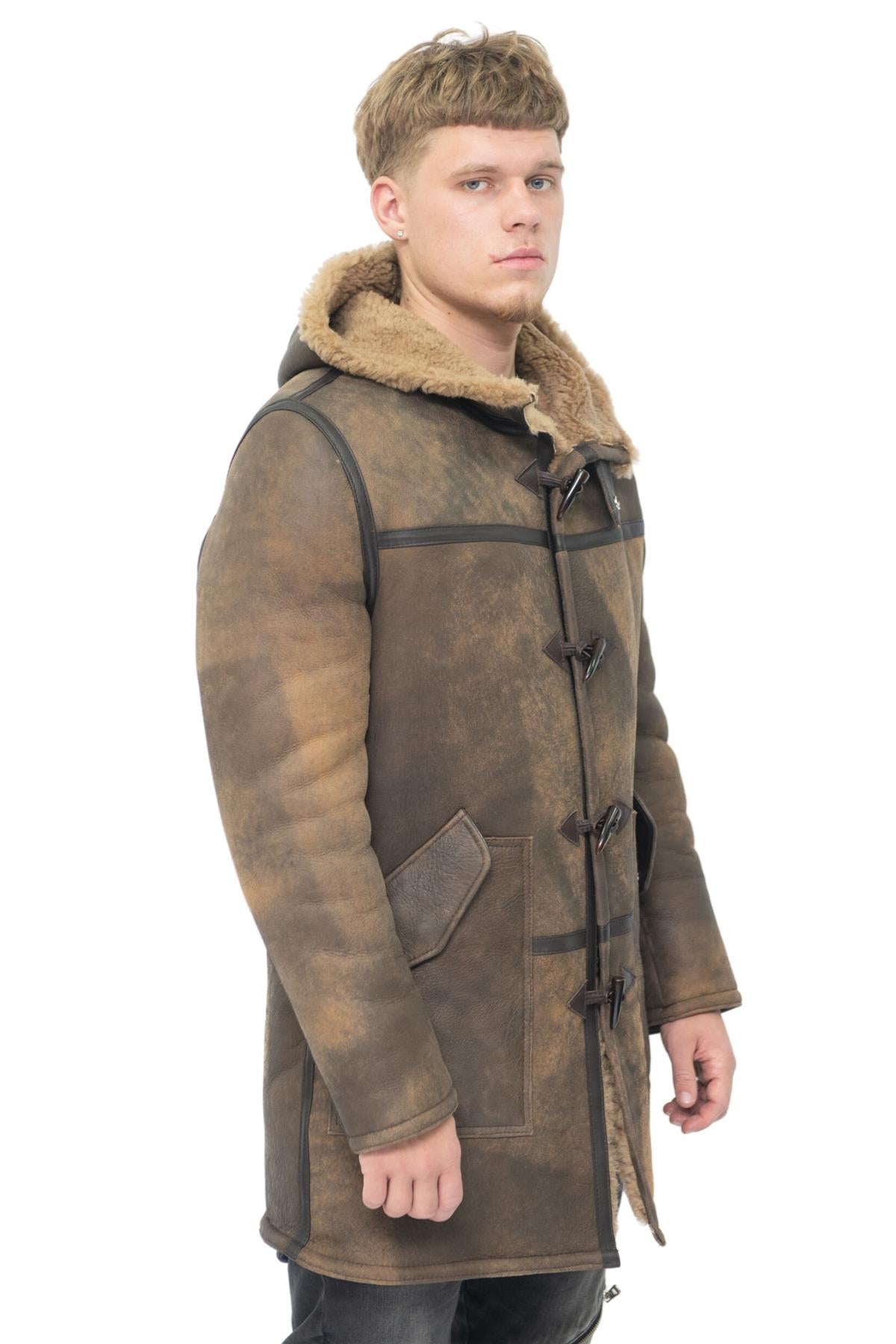 Mens Antique Sheepskin Duffle Coat-Leyburn