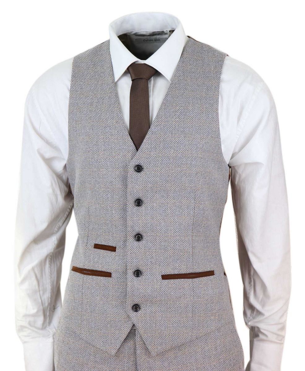 Mens 3 Piece Cream Tweed Check Vintage Retro Suit