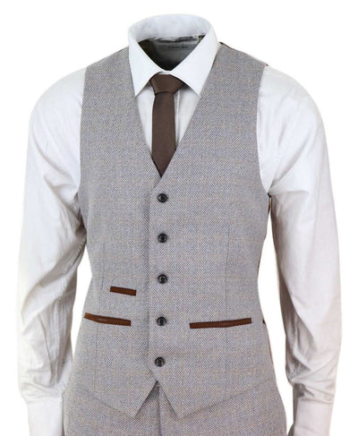 Mens 3 Piece Cream Tweed Check Vintage Retro Suit