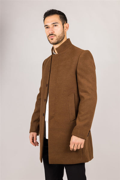 Men's Brown Stand Collar Wool Blend Overcoat