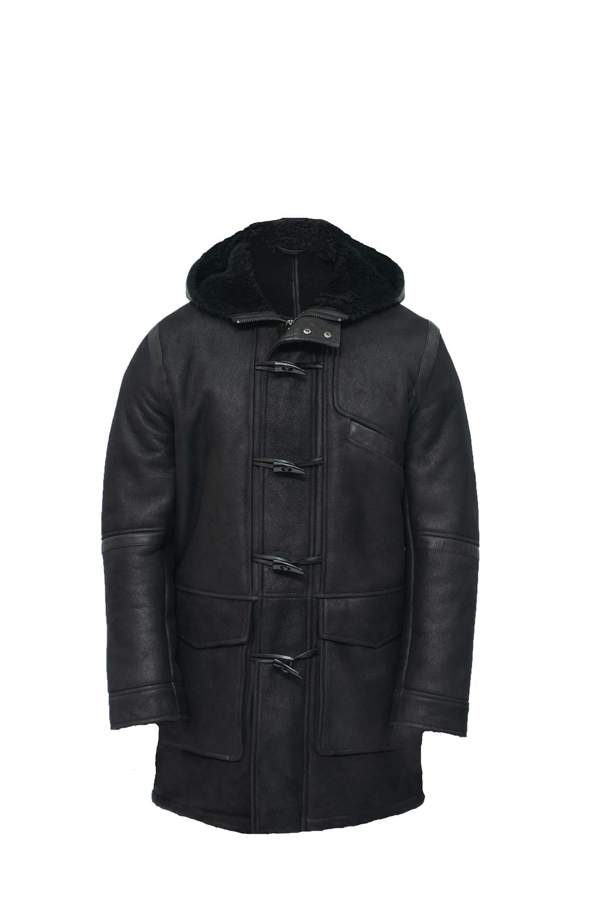 Mens Winter Sheepskin Leather Hooded Duffle Coat-Langport