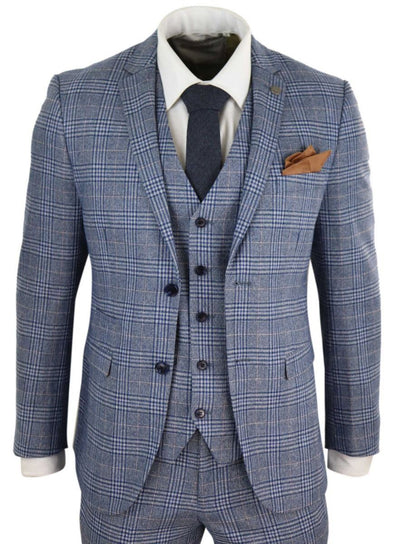 Mens 3 Piece Blue Grey Tweed Check Vintage Retro Suit