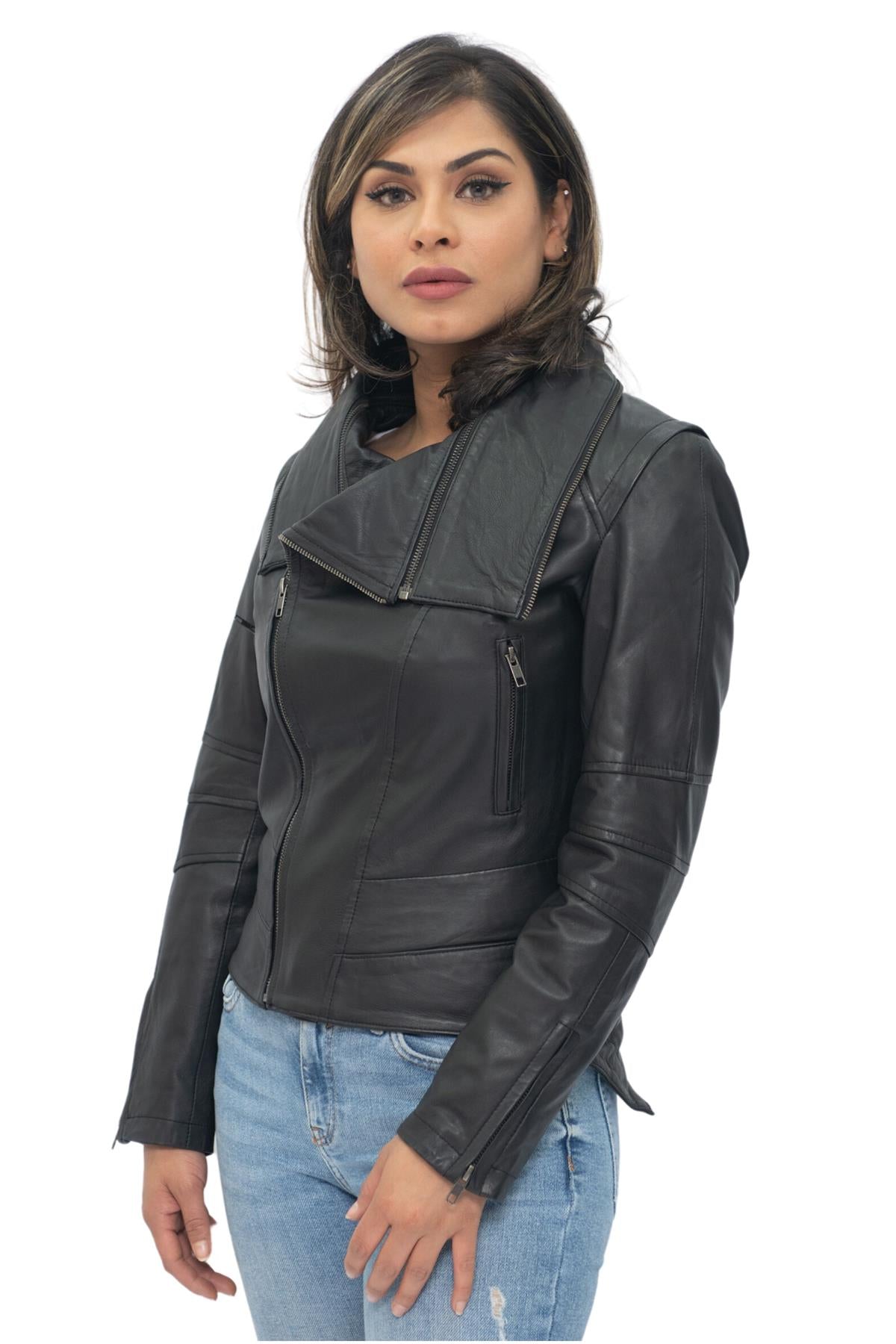 Womens Detachable Collar Leather Biker Jacket-Rosario