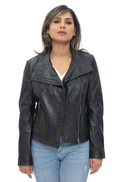 Womens Leather Shawl Wrap Biker Jacket - Riga