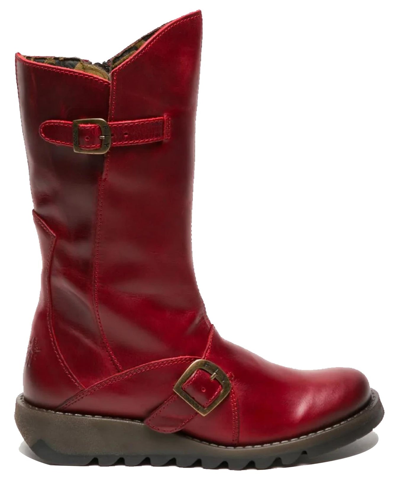 Fly London Womens Red MES 2 Wedge Heel Buckle Mid-Calf Leather Zip Platform Boots