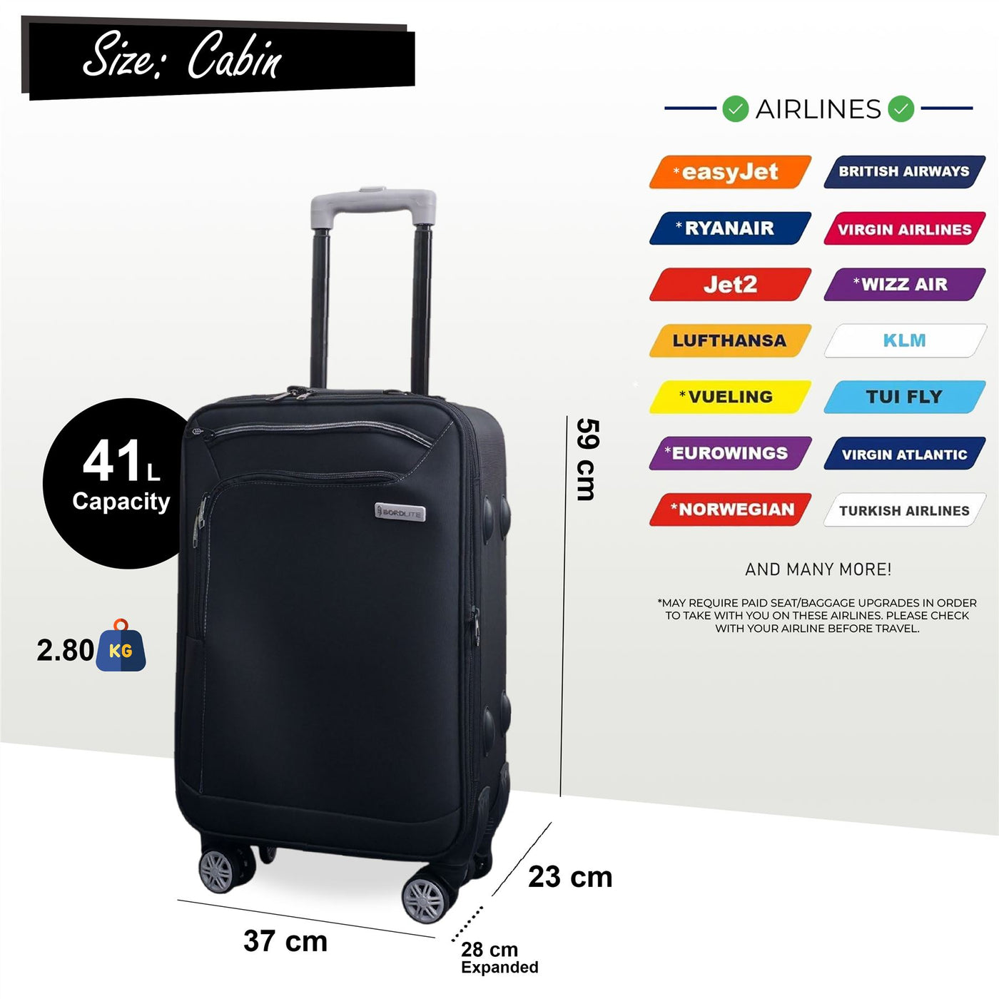 Soft Shell Cabin Suitcase 59 x 37 x 23 cm Luggage Suitable for Easyjet, Ryanair