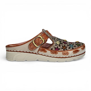 Laura Vita Women’s Dorry 01 Floral Beige Leather Wedge Slipper Sandals