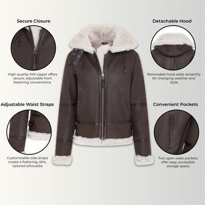 Womens Hooded Sheepskin Flying Leather Jacket-Palermo
