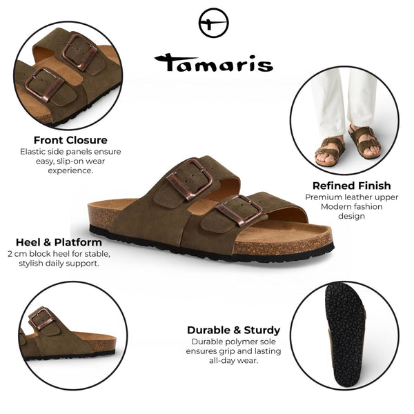 Tamaris Men's Olive Green Leather Slip-On Footbed Slipper Sandals