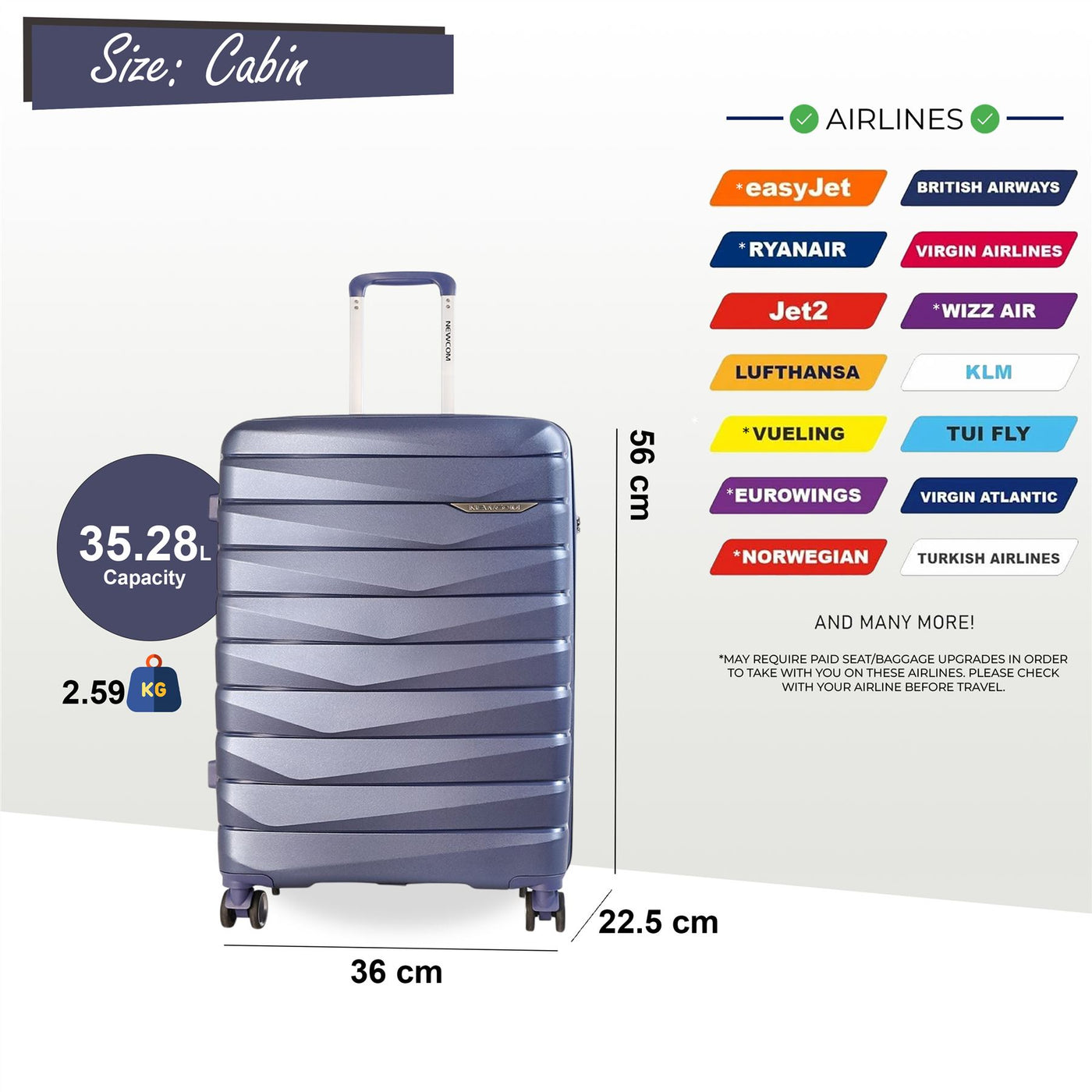 Hard Shell Cabin 36 x 22.5 x 56 cm PP Luggage Suitcase Suitable for Easyjet, Ryanair
