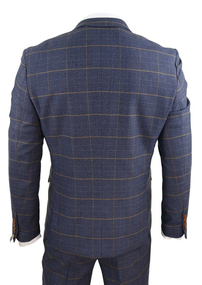 Mens 3 Piece Navy Blue Retro Check Vintage Classic Suit