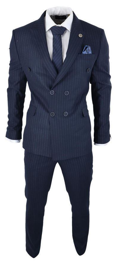 Mens Double Breasted Navy Blue Suit 2 Piece 1920s Pinstripe Peaky Blinders
