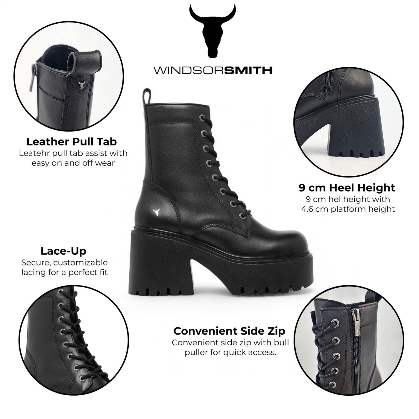 Windsorsmith Black Leather Platform Ankle Boots - Totally