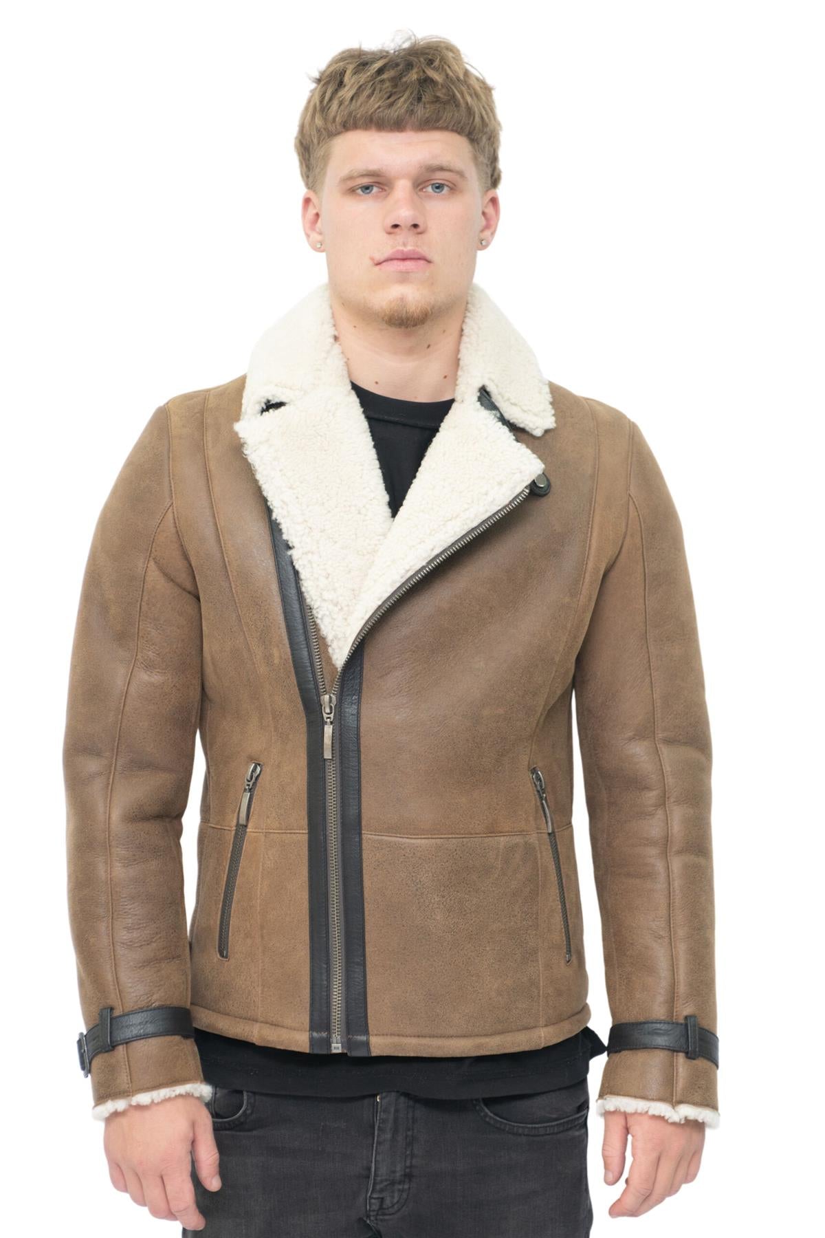 Mens Double Breasted Sheepskin Leather Biker Jacket-Heathfield