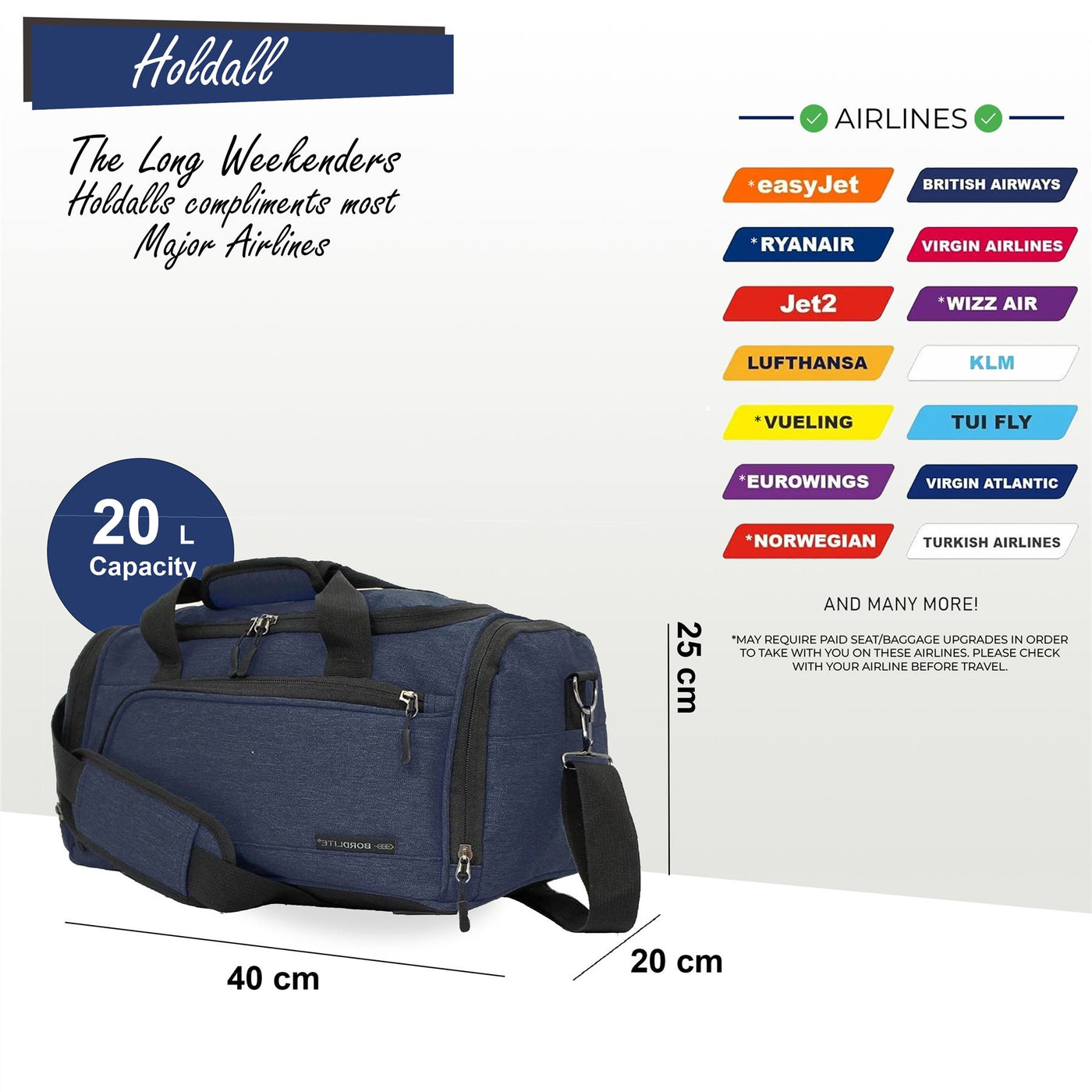 Holdall Carry On 40x 20 x25cm Under-seat Travel Duffel Bag for Ryanair, Easy Jet