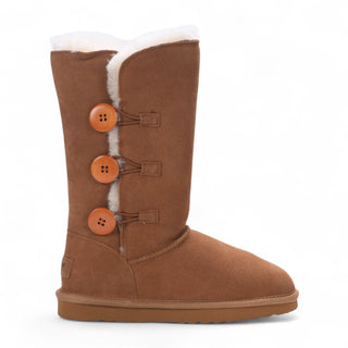 Women's Sheepskin Suede Tan Button Warm Winter Calf Boots - Willow