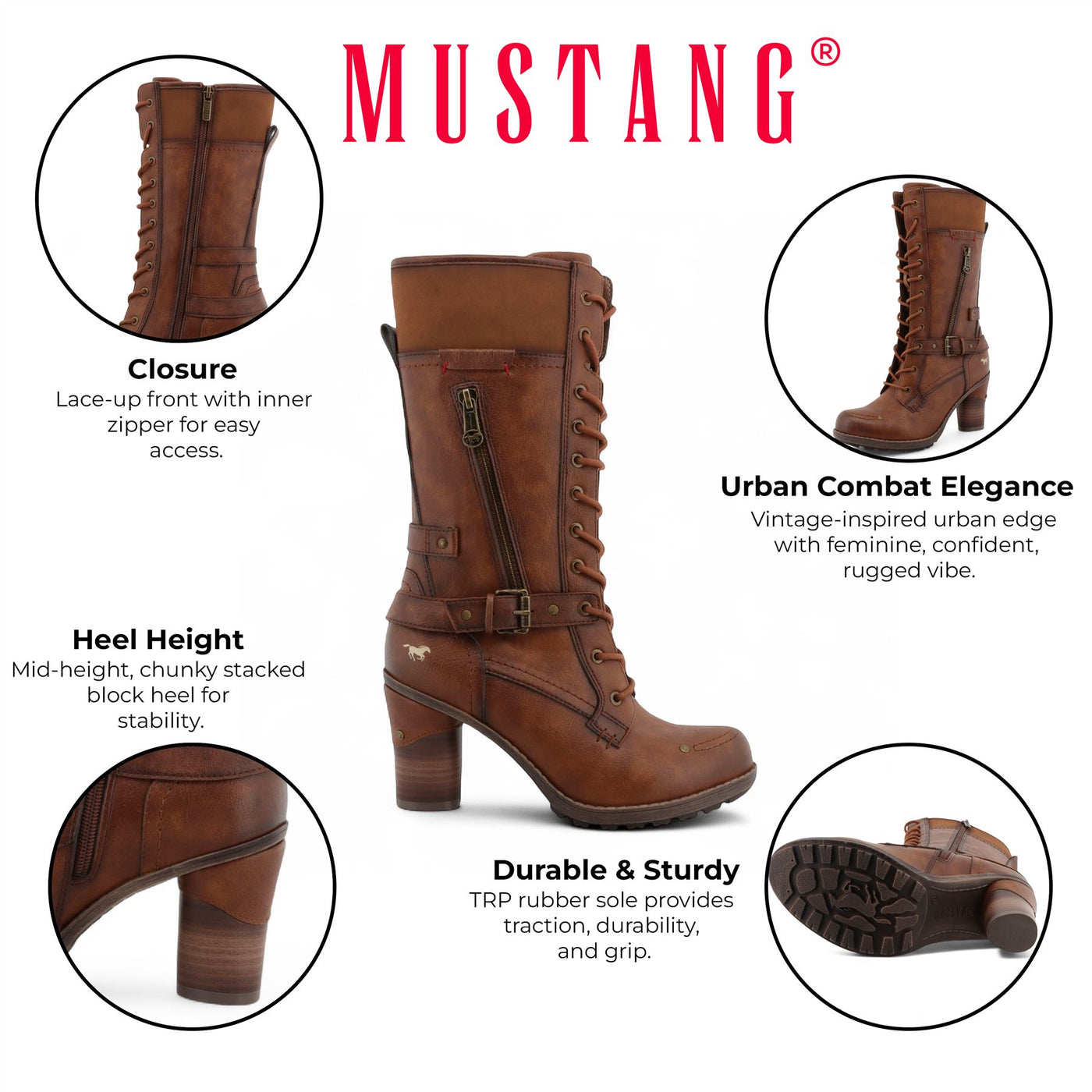 Mustang Women's Brown Mid-Calf Lace Up Heeled Combat Boots