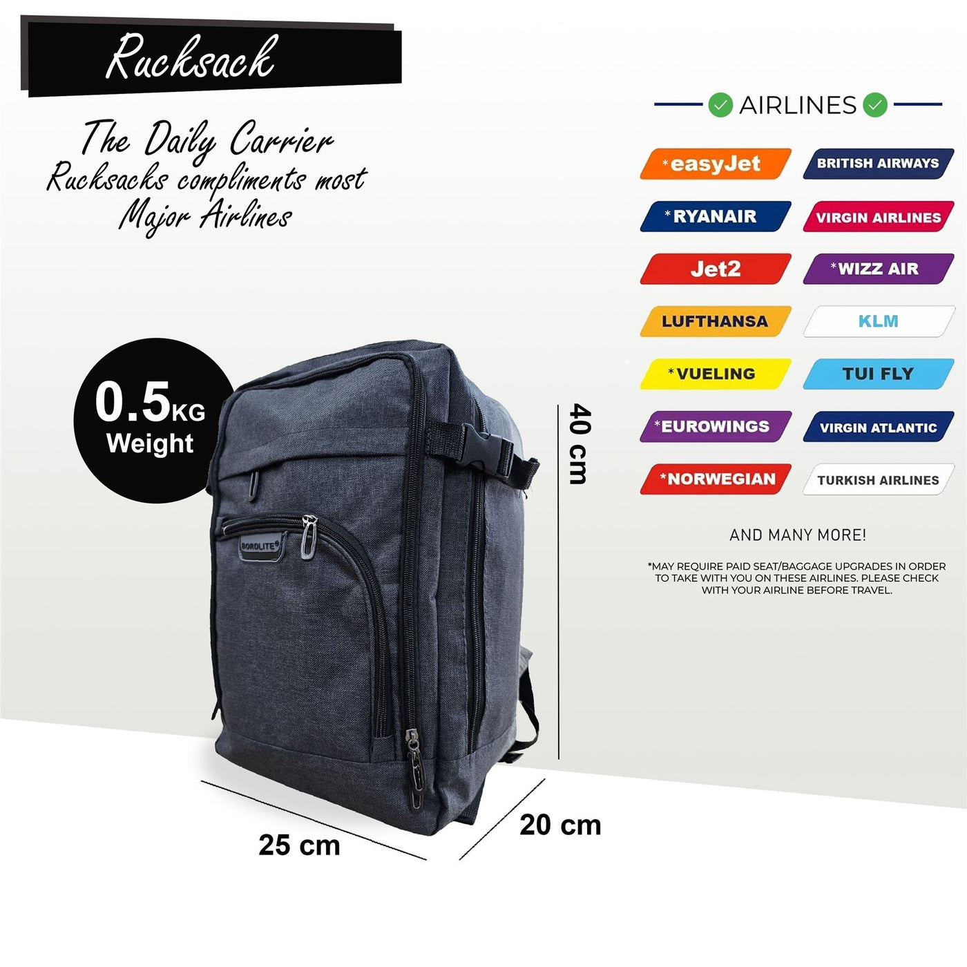 Backpack Rucksack 40x20 x25 cm Underseat Travel Cabin Bag for Easy Jet, Ryanair