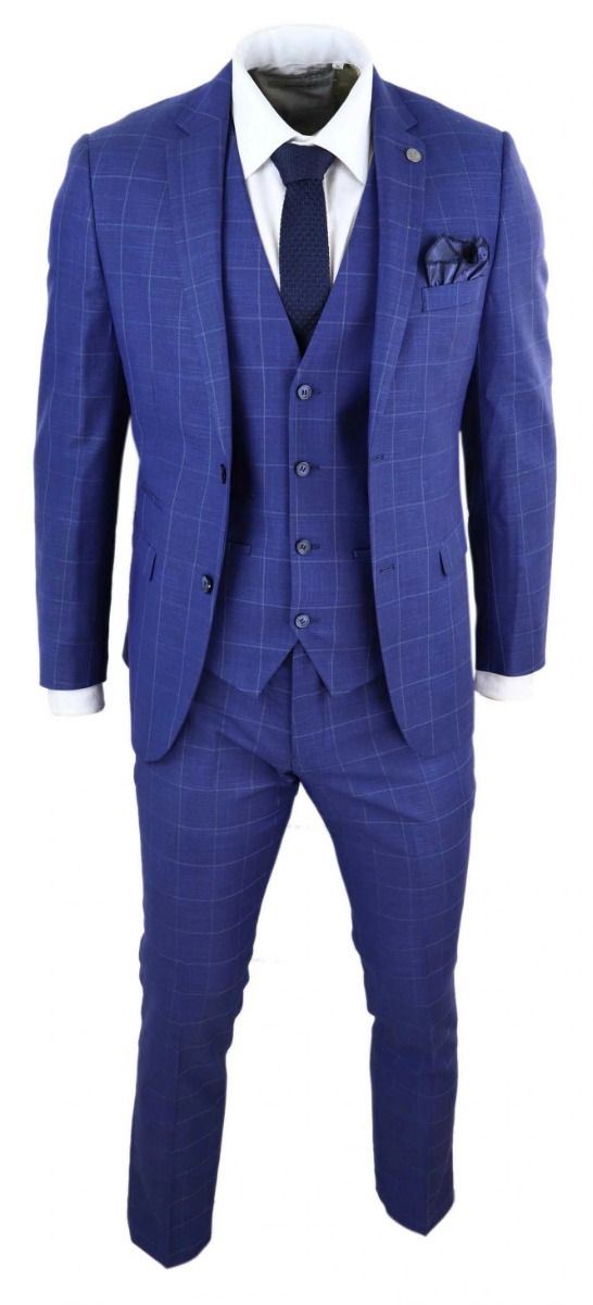 Mens 3 Piece Royal Blue Check Vintage Retro Suit