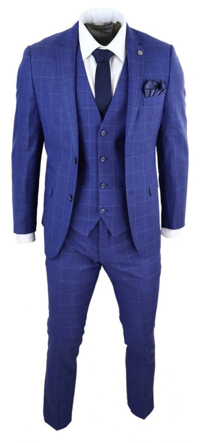 Mens 3 Piece Royal Blue Check Vintage Retro Suit