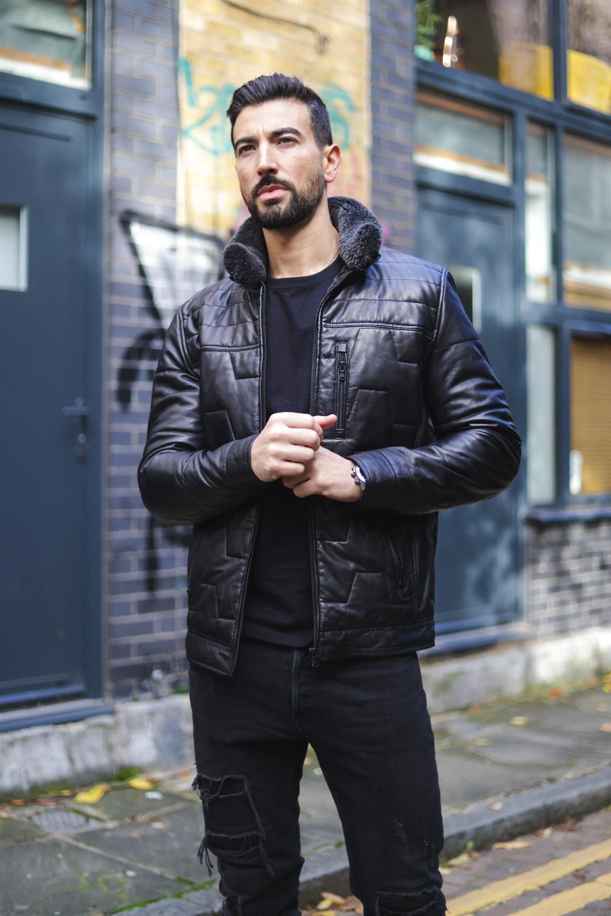 Mens Leather Quilted Puffer Biker Jacket - Thornton - Upperclass Fashions 