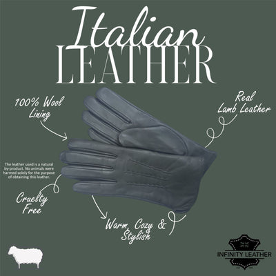 Womens Italian Leather Winter Stitch Line Design Soft Wool Lining Gloves - L-GLV-301