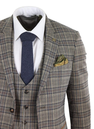 Mens 3 Piece Tan Brown Herringbone Check Suit