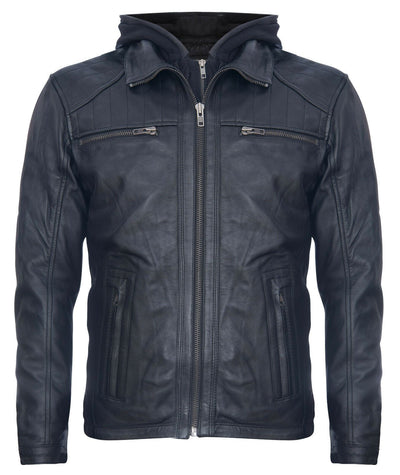 Mens Black Hooded Leather Biker Jacket-Salvador
