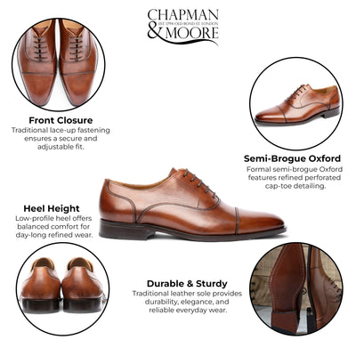 Chapman & Moore Men's Brown Plain Leather Brogue Cap-Toe Oxford Shoes