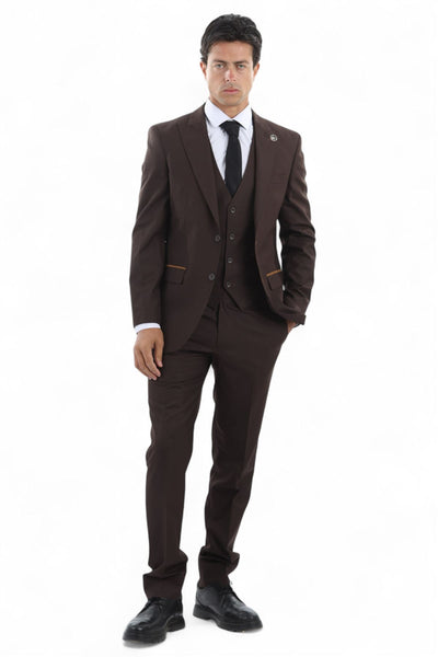 Men's 3 Piece Plain Dark Brown Work Formal Suit