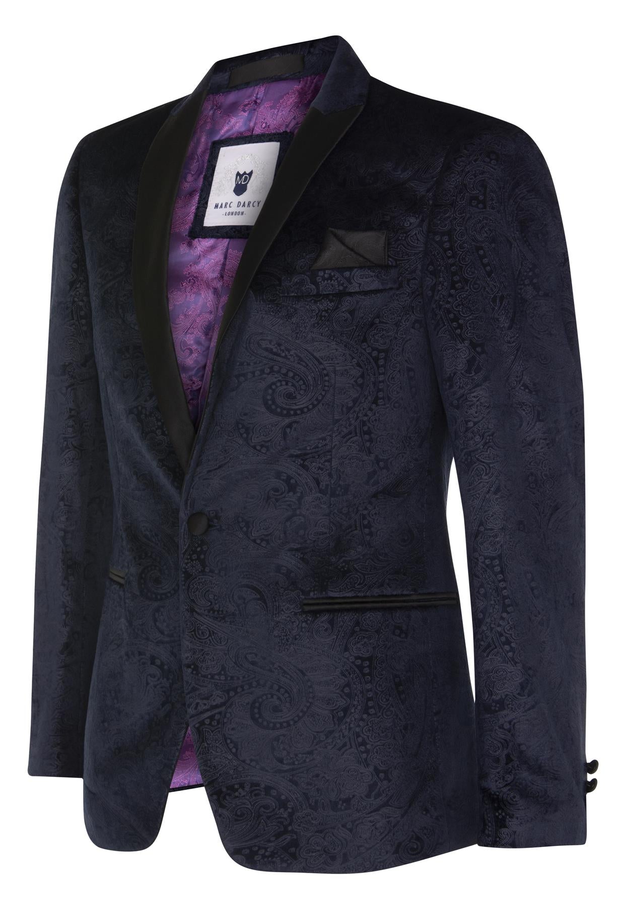 Marineblauer Smoking-Blazer aus Samt mit Paisleymuster für Herren