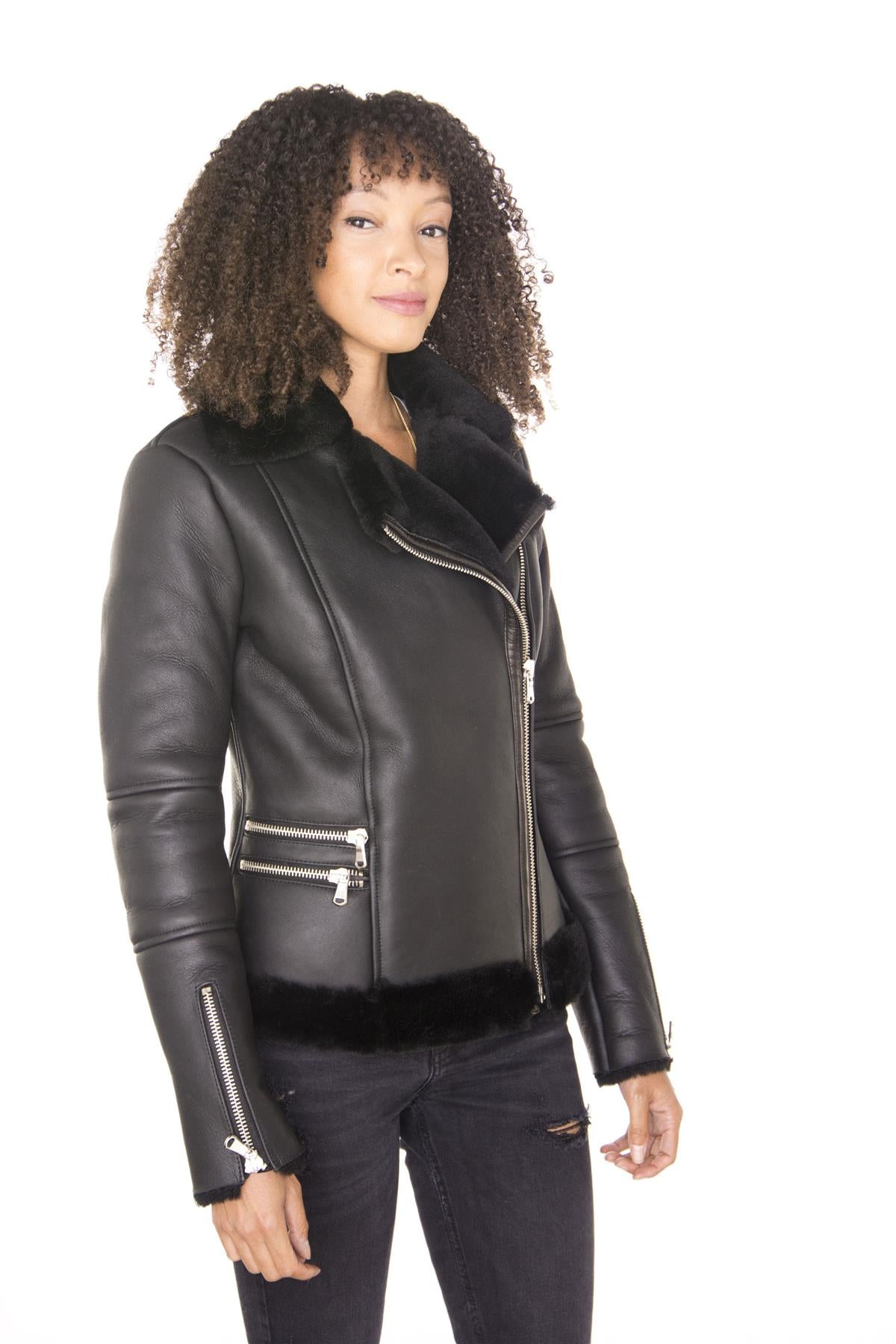 Womens Black Shearling Sheepskin Aviator Jacket-Patchway