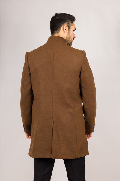Men's Brown Stand Collar Wool Blend Overcoat