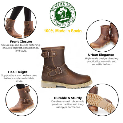 Panama Jack Women's Felina B33 Bark Waterproof Leather Buckle Ankle Boots